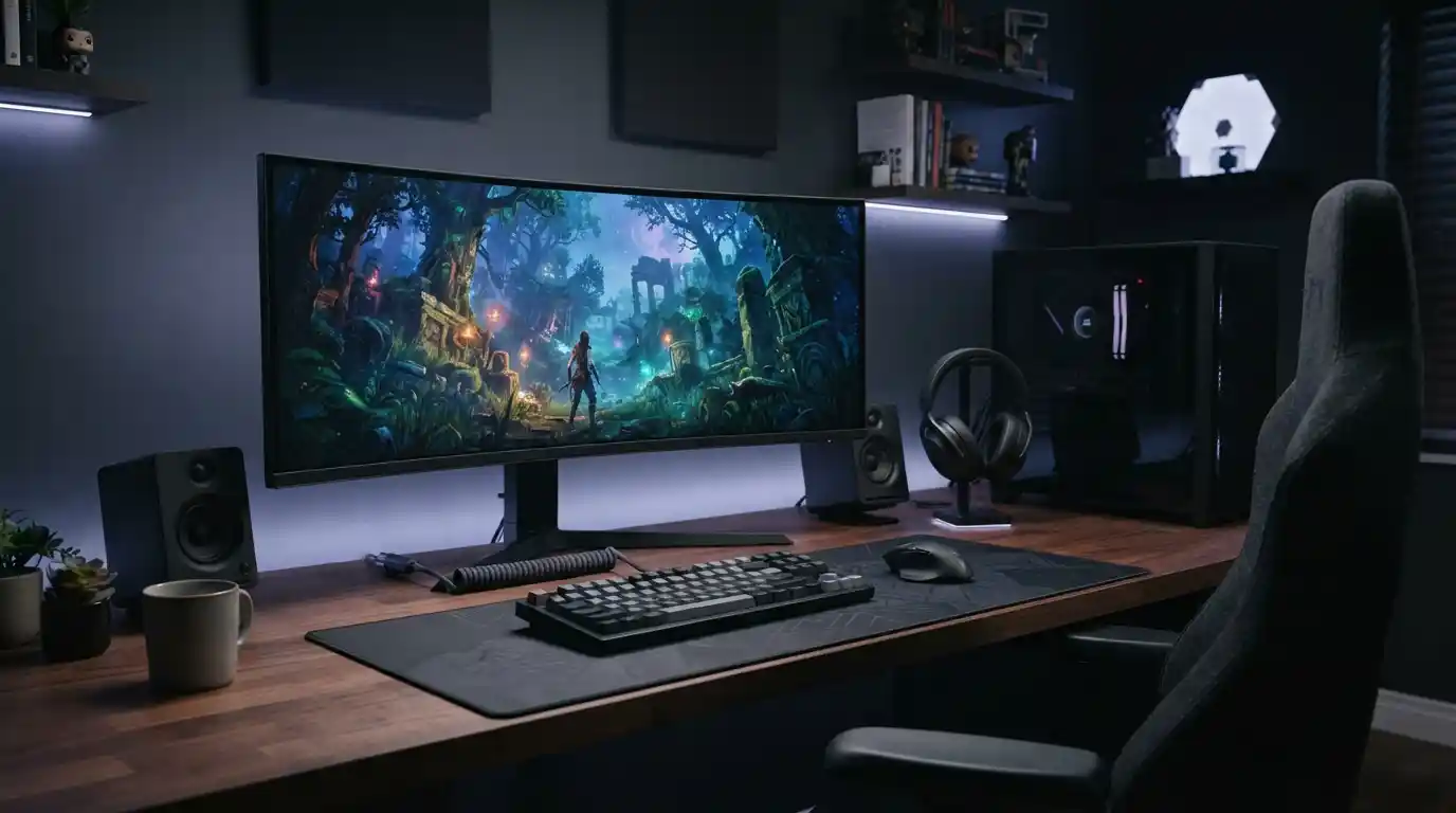 Modern gaming setup with a monitor, mechanical keyboard, gaming mouse, headset, speakers, and ergonomic chair.