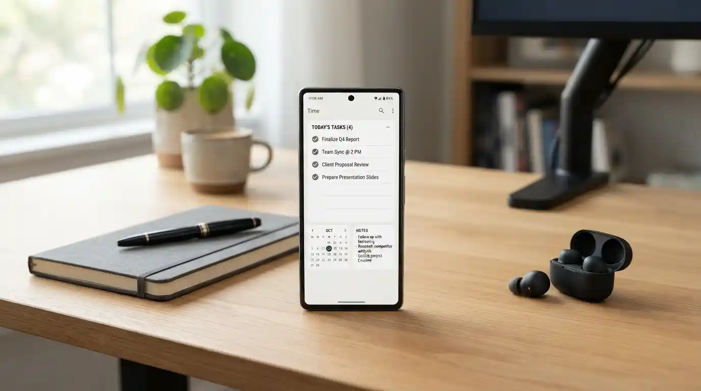 Smartphone displaying productivity tools including tasks, calendar and notes on a professional desk