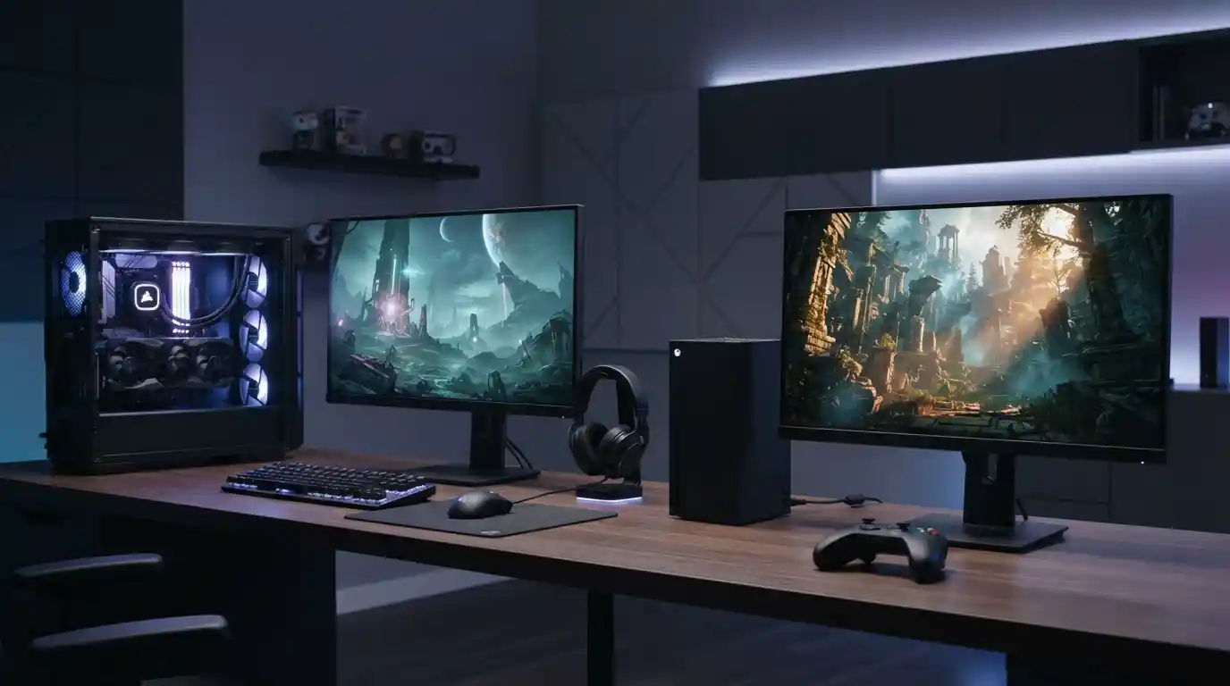Gaming PC and video game console shown side by side in a modern gaming setup