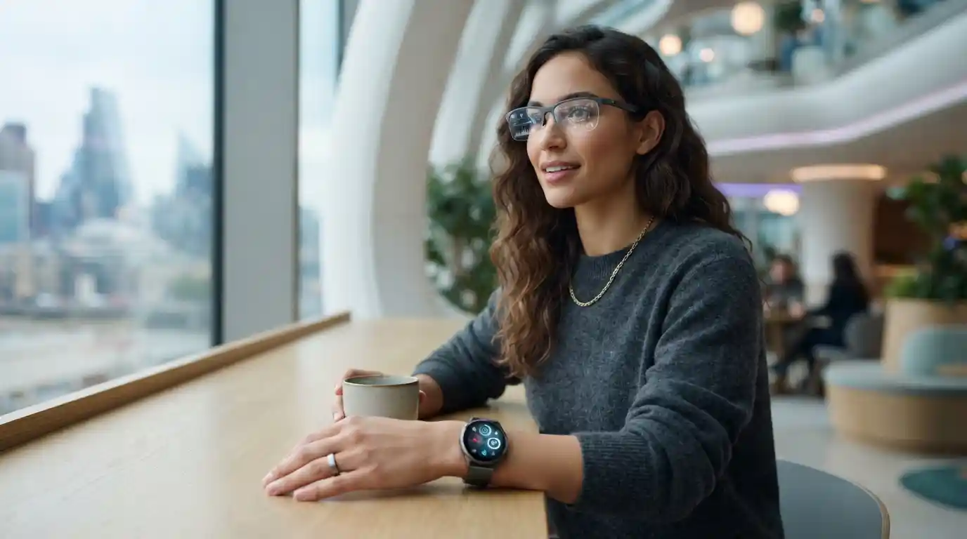 Person using next-generation wearable technology with a smartwatch, smart glasses, and smart ring