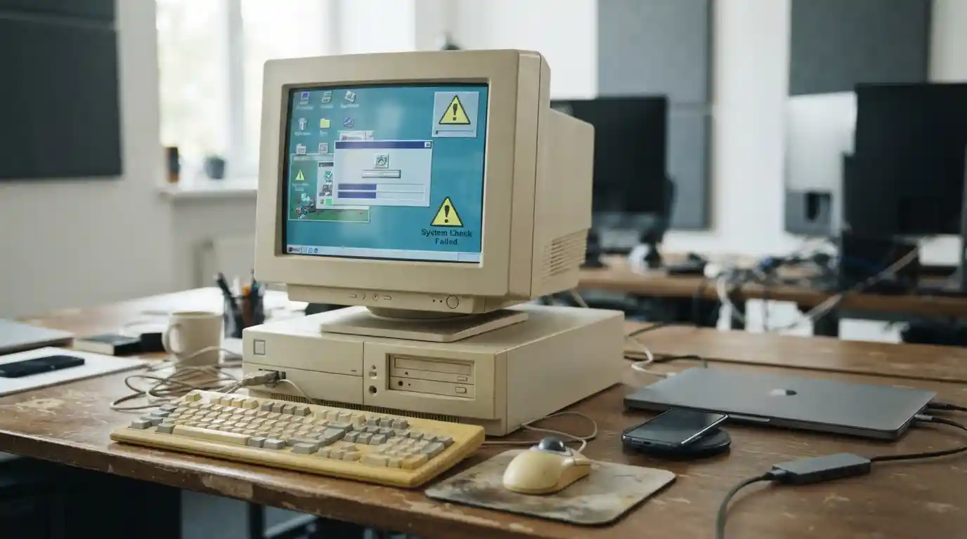 Desktop computer running aging software in a modern technology workspace