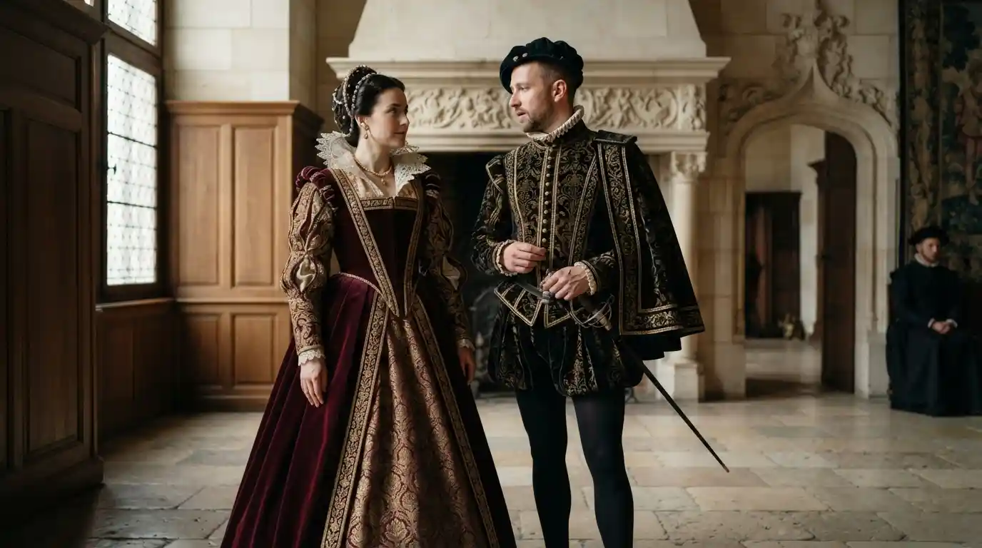 French Renaissance noblewoman and nobleman wearing richly decorated 16th-century clothing in a historic court interior.