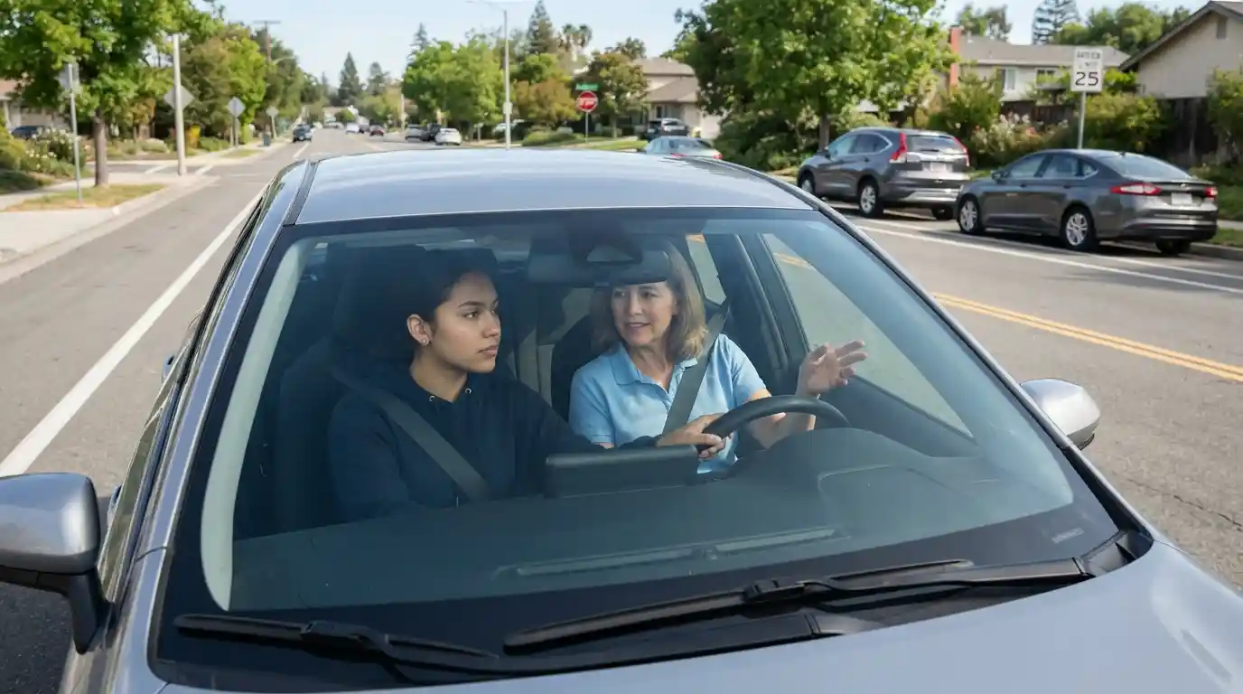 Young driver learning safe road skills with a professional driving instructor