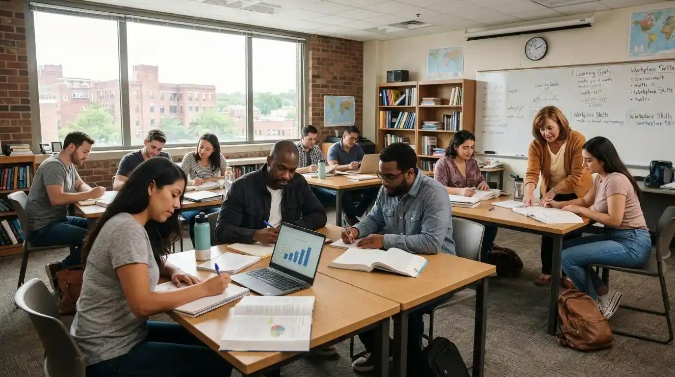 Adult learners studying in a classroom in Waterbury, Connecticut