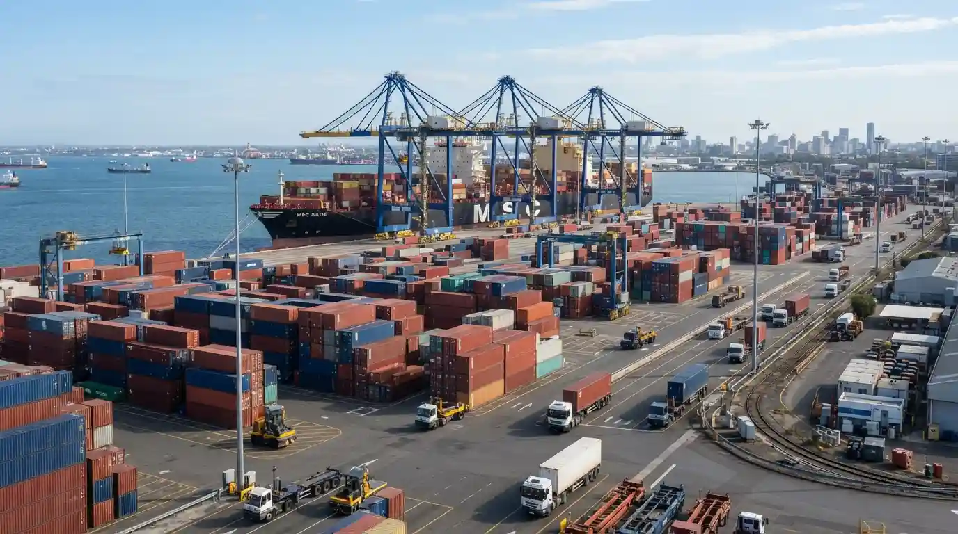 Cargo ship and shipping containers at a modern international freight port