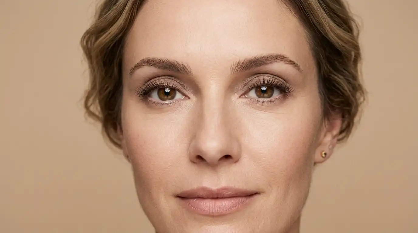 Close-up portrait highlighting softly curled eyelashes and natural eye makeup.