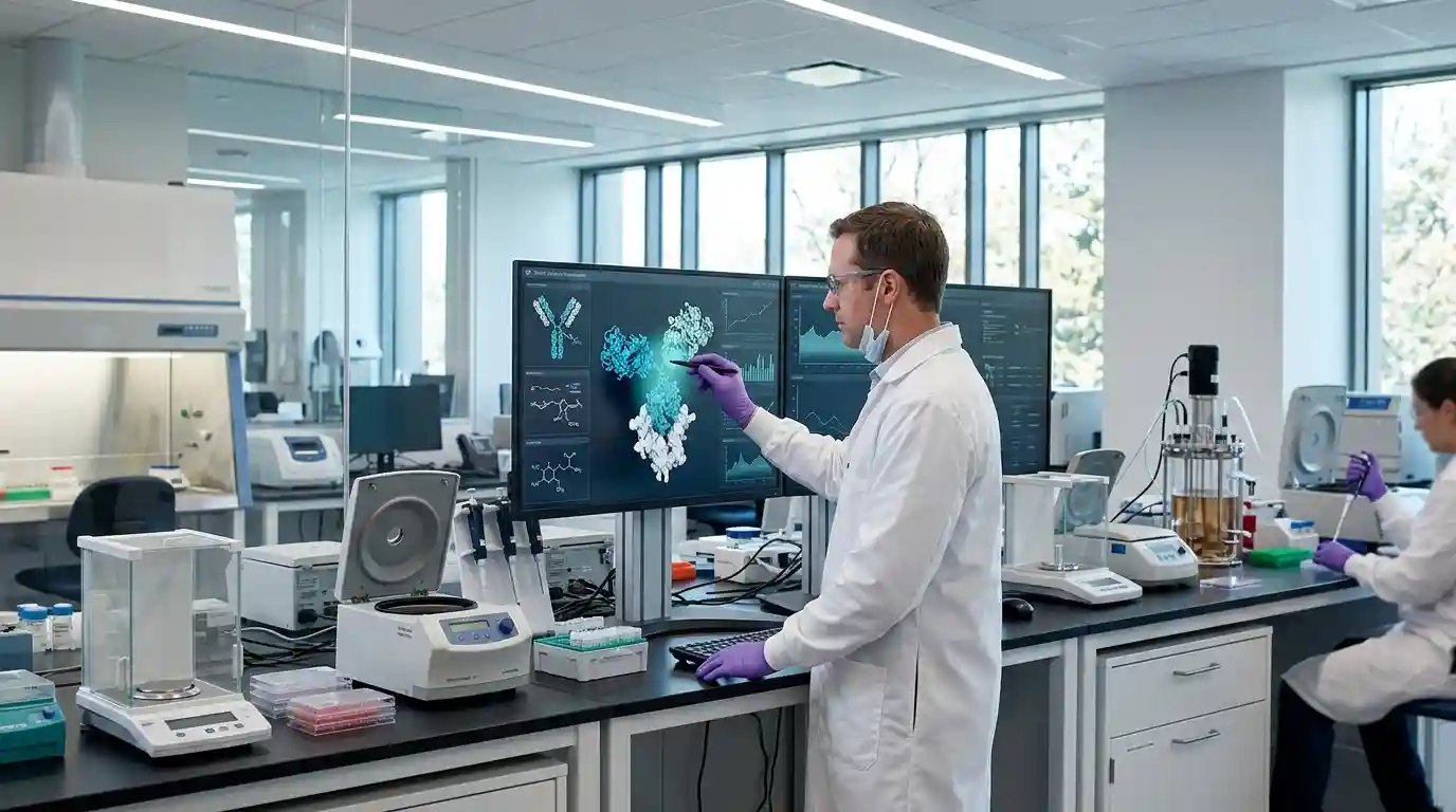 Biomedical researcher examining molecular visualisations in a modern laboratory for targeted cancer therapy research.