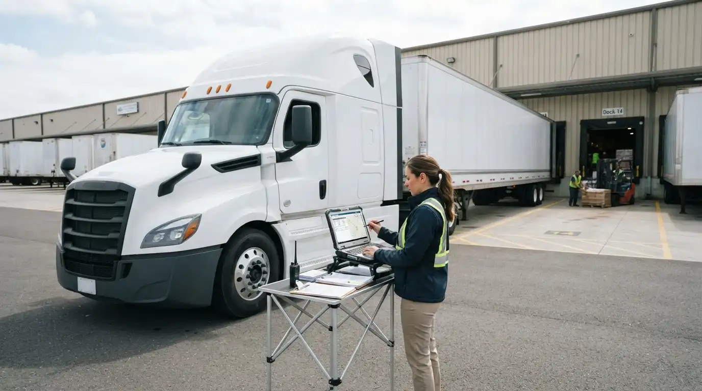 A professional reviewing freight information beside a semi-truck at a commercial logistics facility.