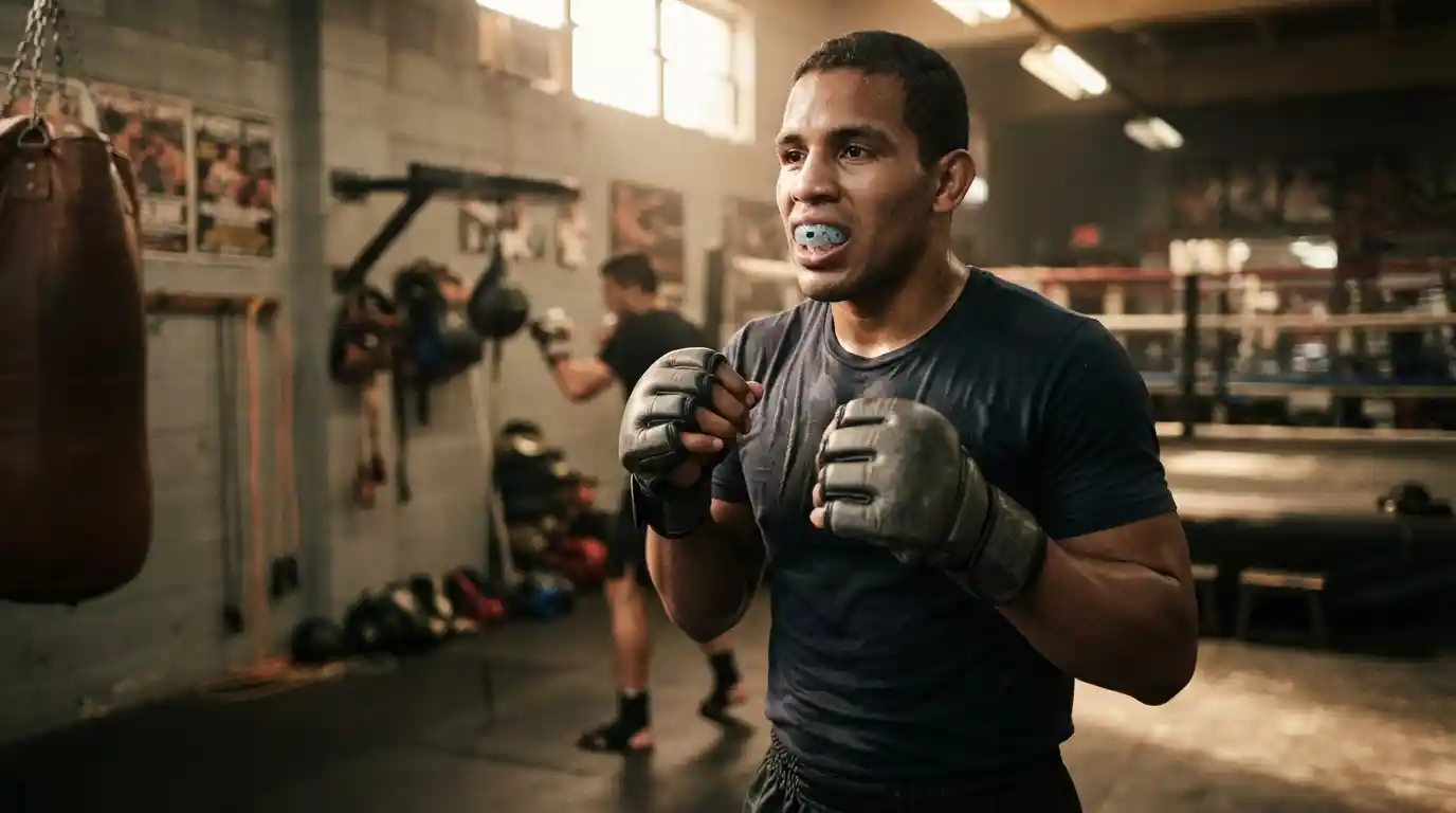 Combat sports athlete wearing a mouthguard during training in a boxing gym