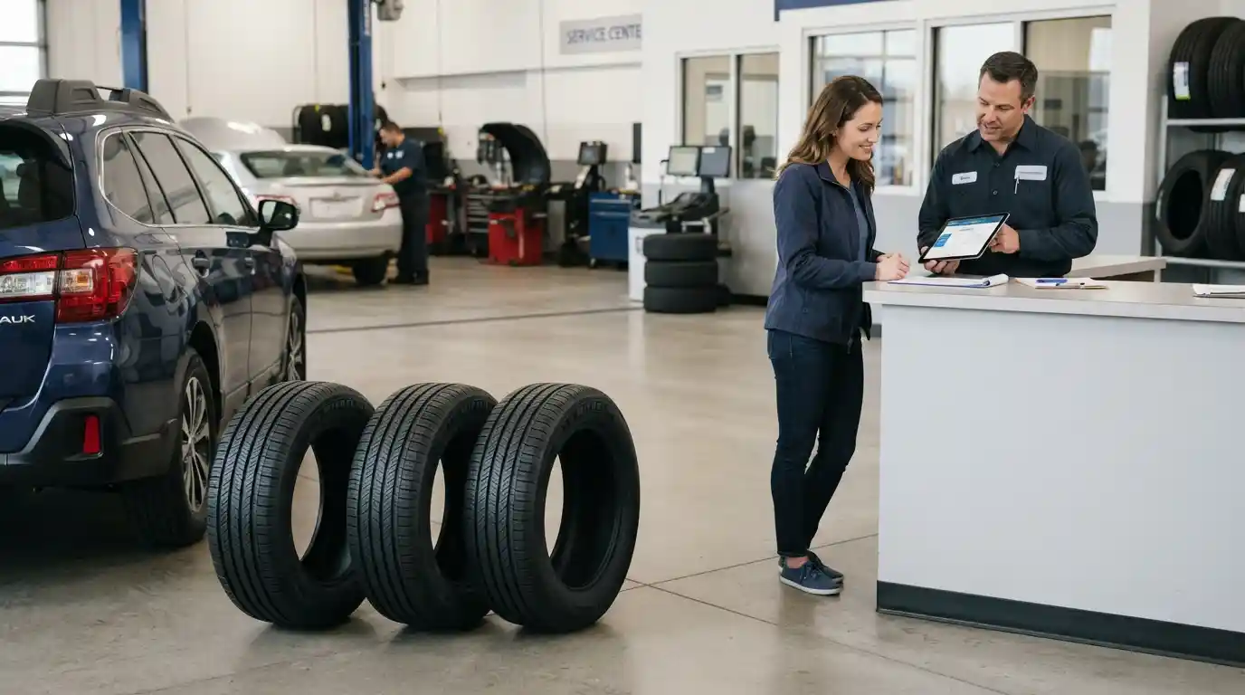 Customer reviewing a tire payment plan with an automotive service representative beside a vehicle and new tires.