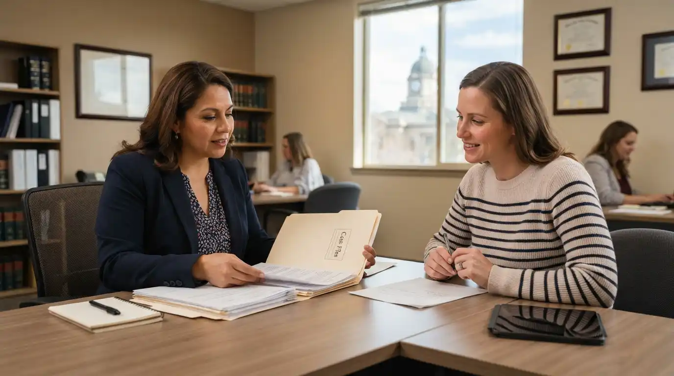 Legal advisor reviewing documents with a client during a civil legal assistance consultation