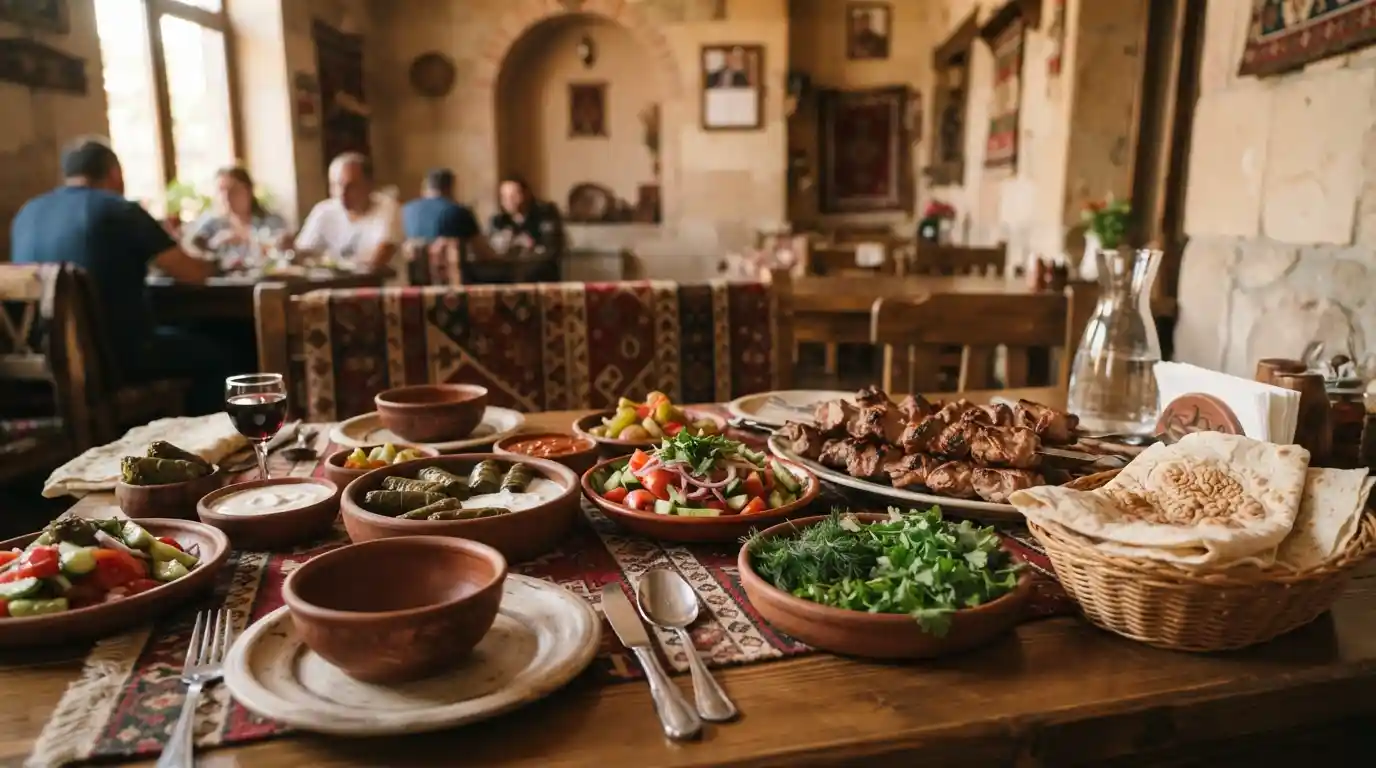 Traditional Armenian dishes including lavash, grilled meat, tolma, and fresh vegetables served at a restaurant table