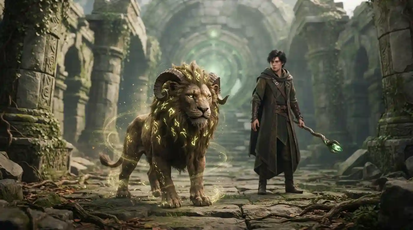Myth-themed fantasy pet standing beside a wizard in a magical arena