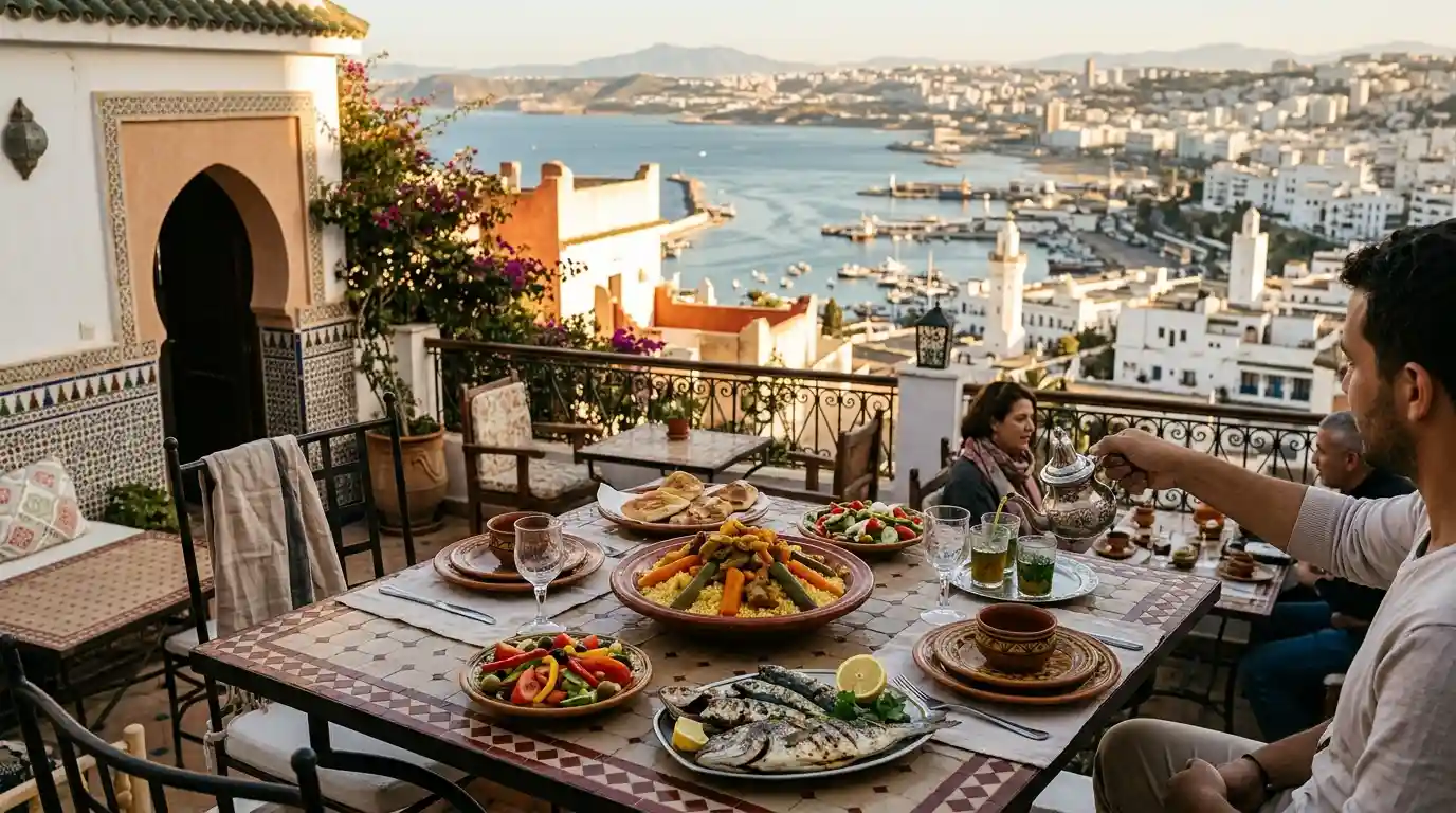 Traditional Algerian food served on a restaurant terrace overlooking the Mediterranean coast of Algiers.