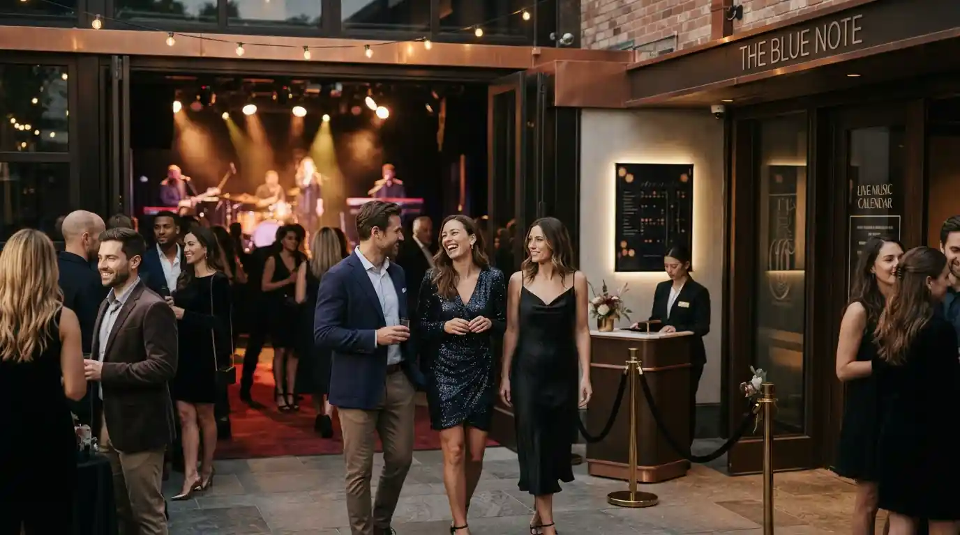 Stylish attendees arriving at an exclusive evening entertainment event