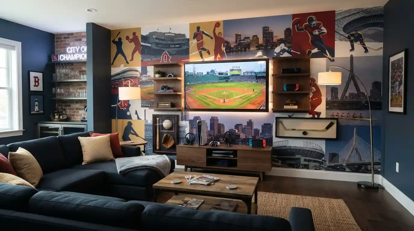 Boston-inspired sports wallpaper featured in a modern entertainment room with seating and gaming décor