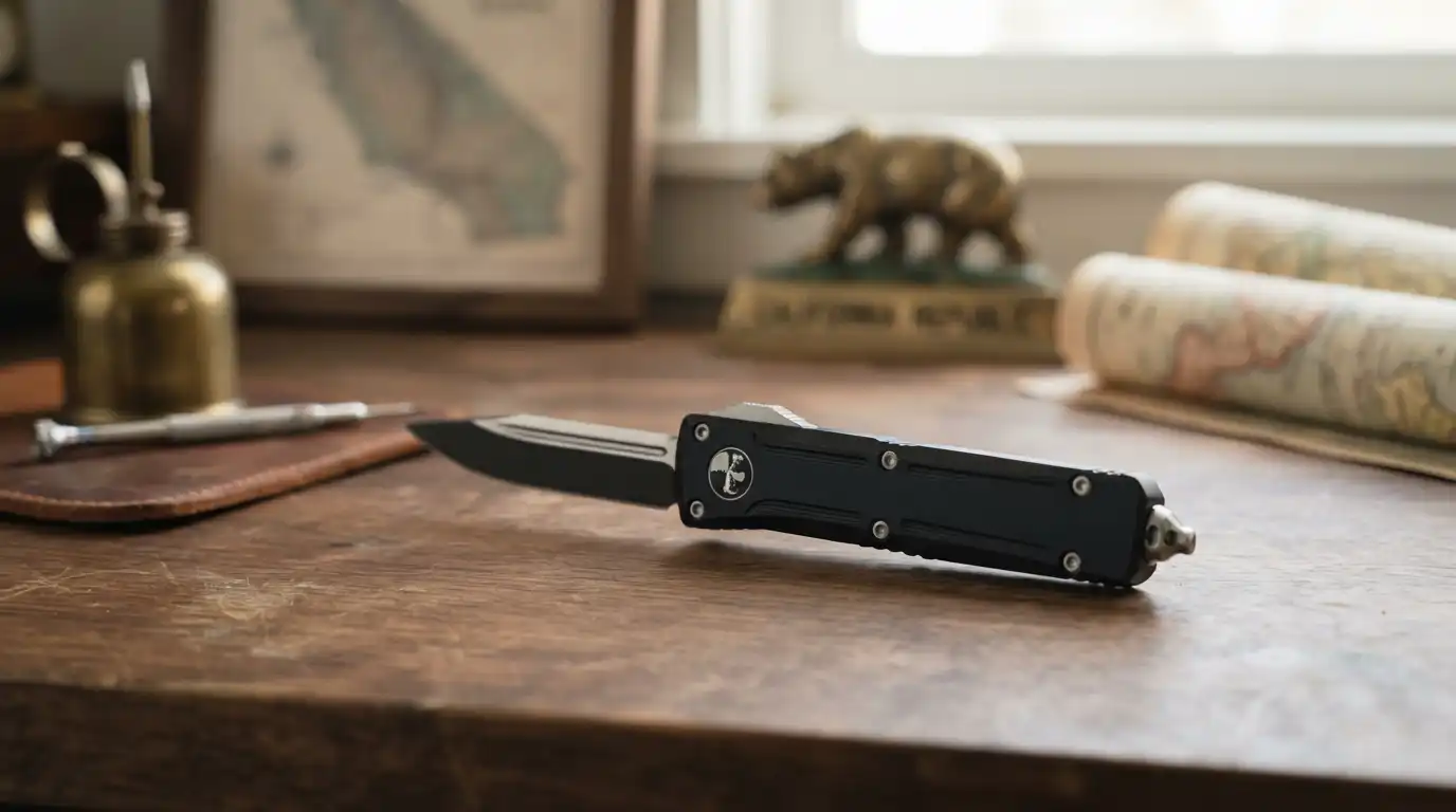 OTF knife displayed safely for a guide to California knife laws and collecting