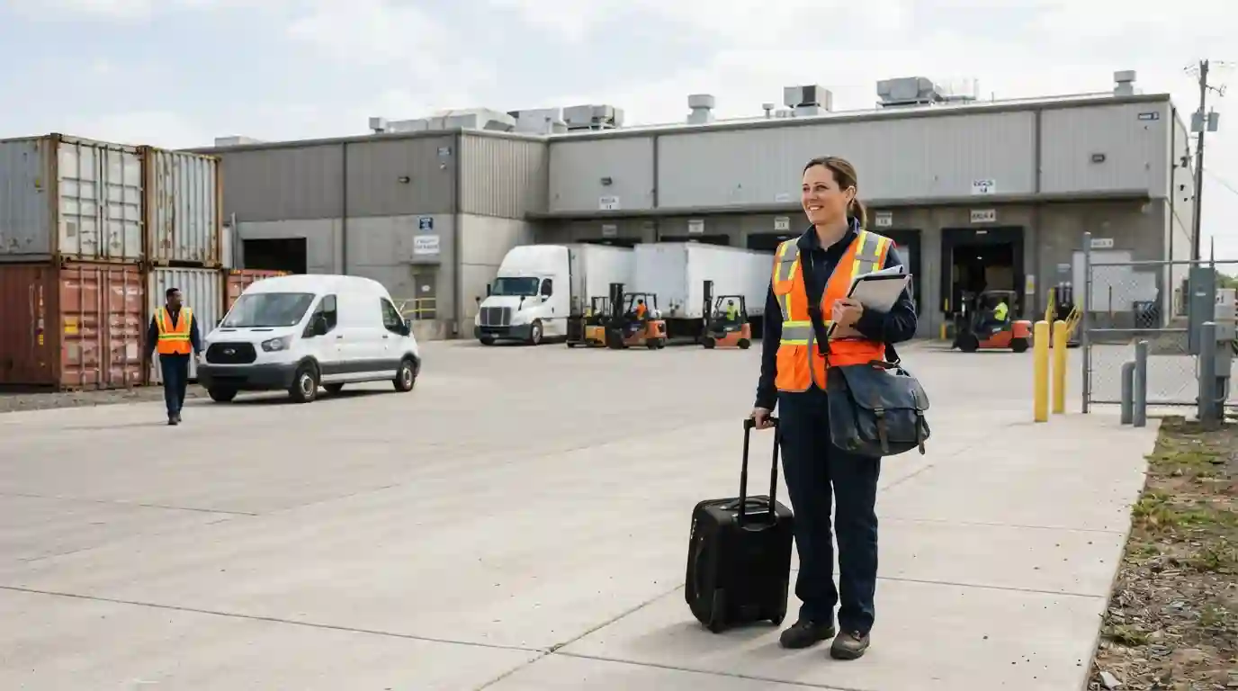 Logistics employee with travel bag standing near a distribution warehouse