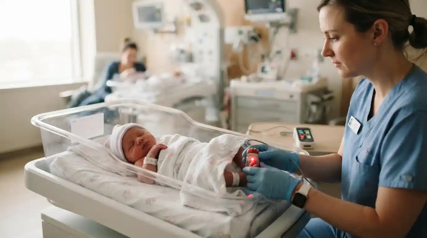 Healthcare professional performing pulse oximetry screening on a newborn in a hospital setting