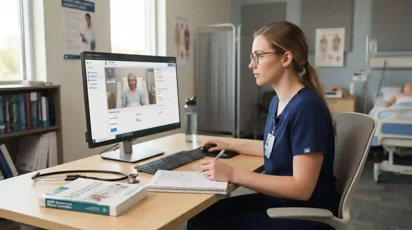 Nursing student completing a comprehensive virtual patient assessment on a computer