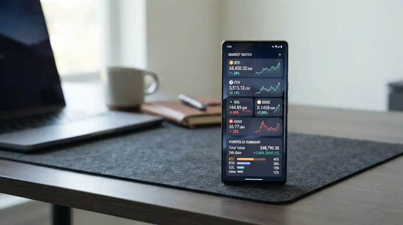 Android smartphone displaying a cryptocurrency market widget with prices, charts, and portfolio information