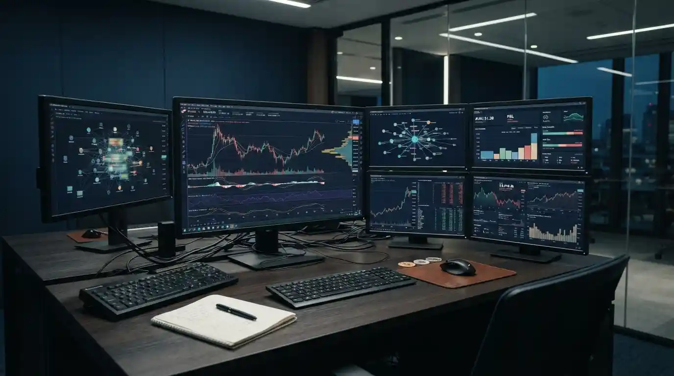 Professional trading desk showing cryptocurrency market analytics and portfolio data