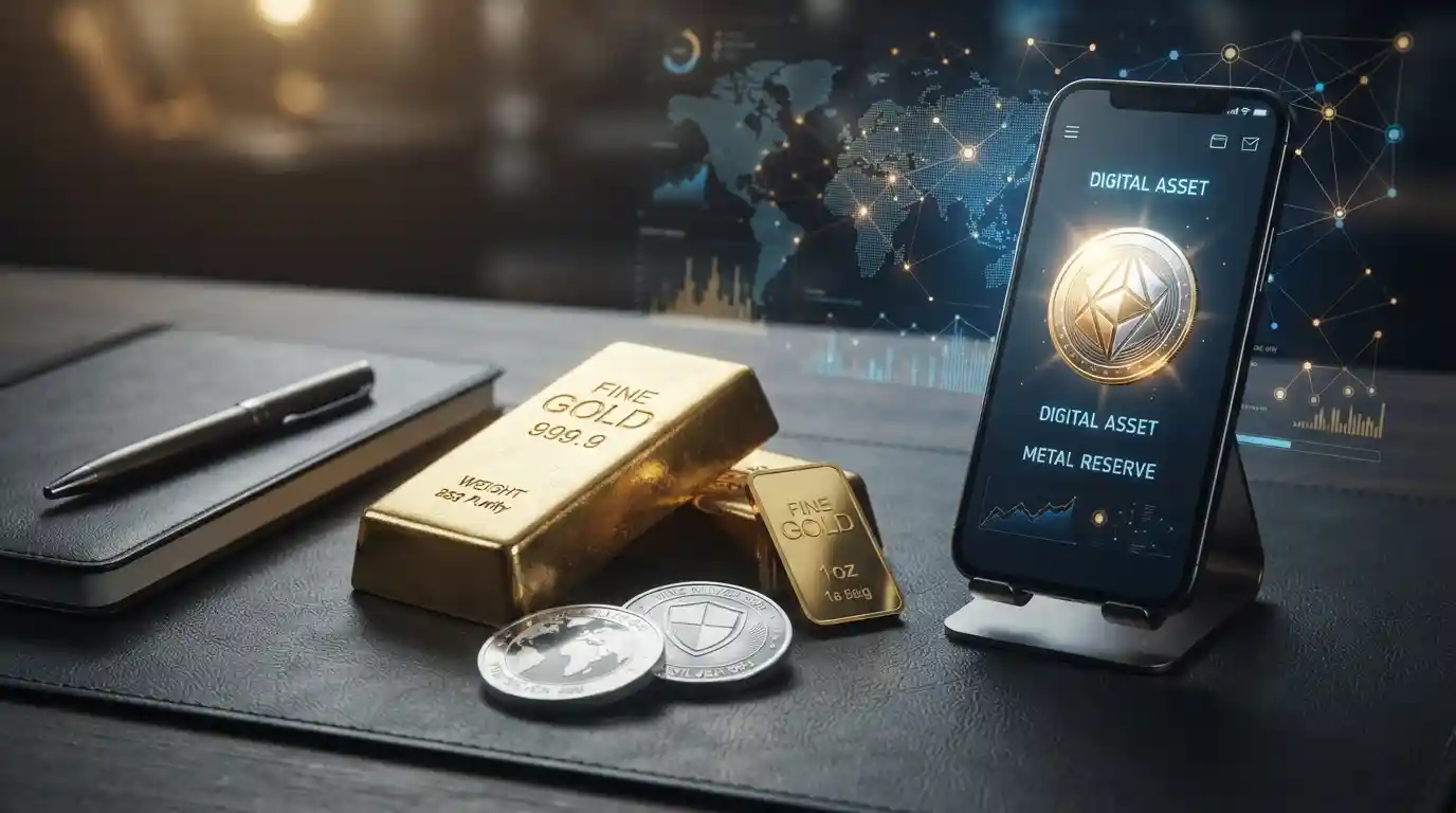 Gold and silver bullion beside a digital blockchain interface representing cryptocurrency metal.