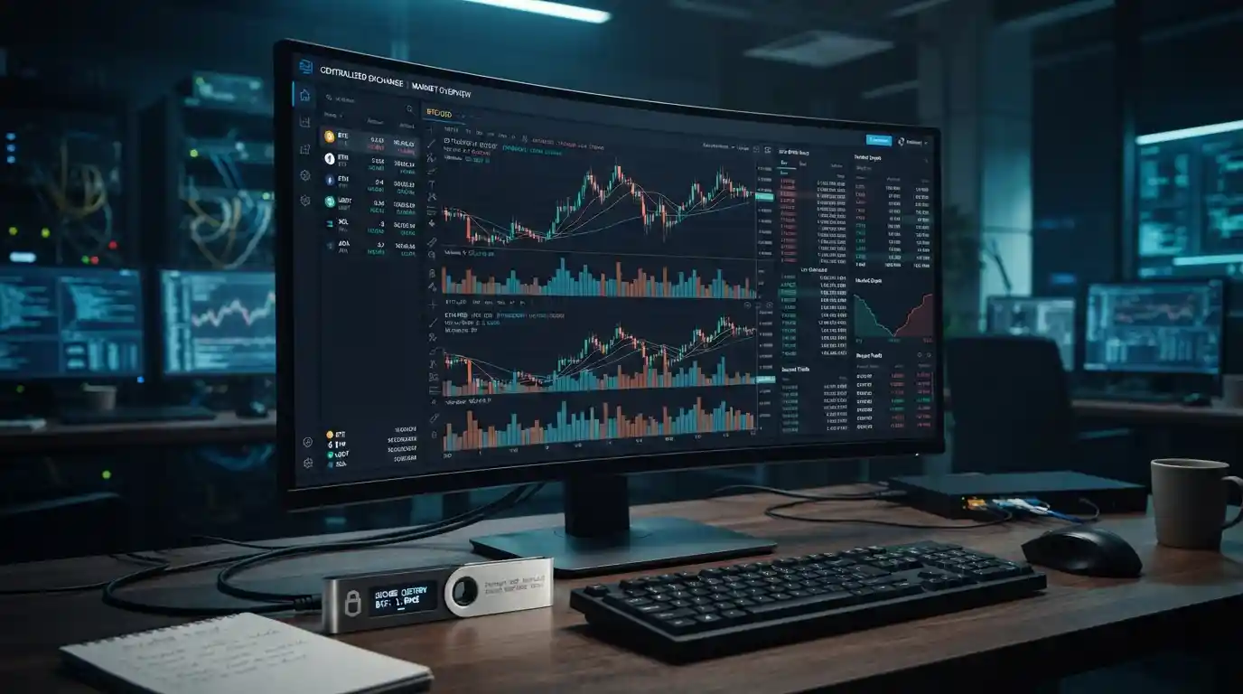 Modern cryptocurrency trading interface with digital asset charts and secure custody concept