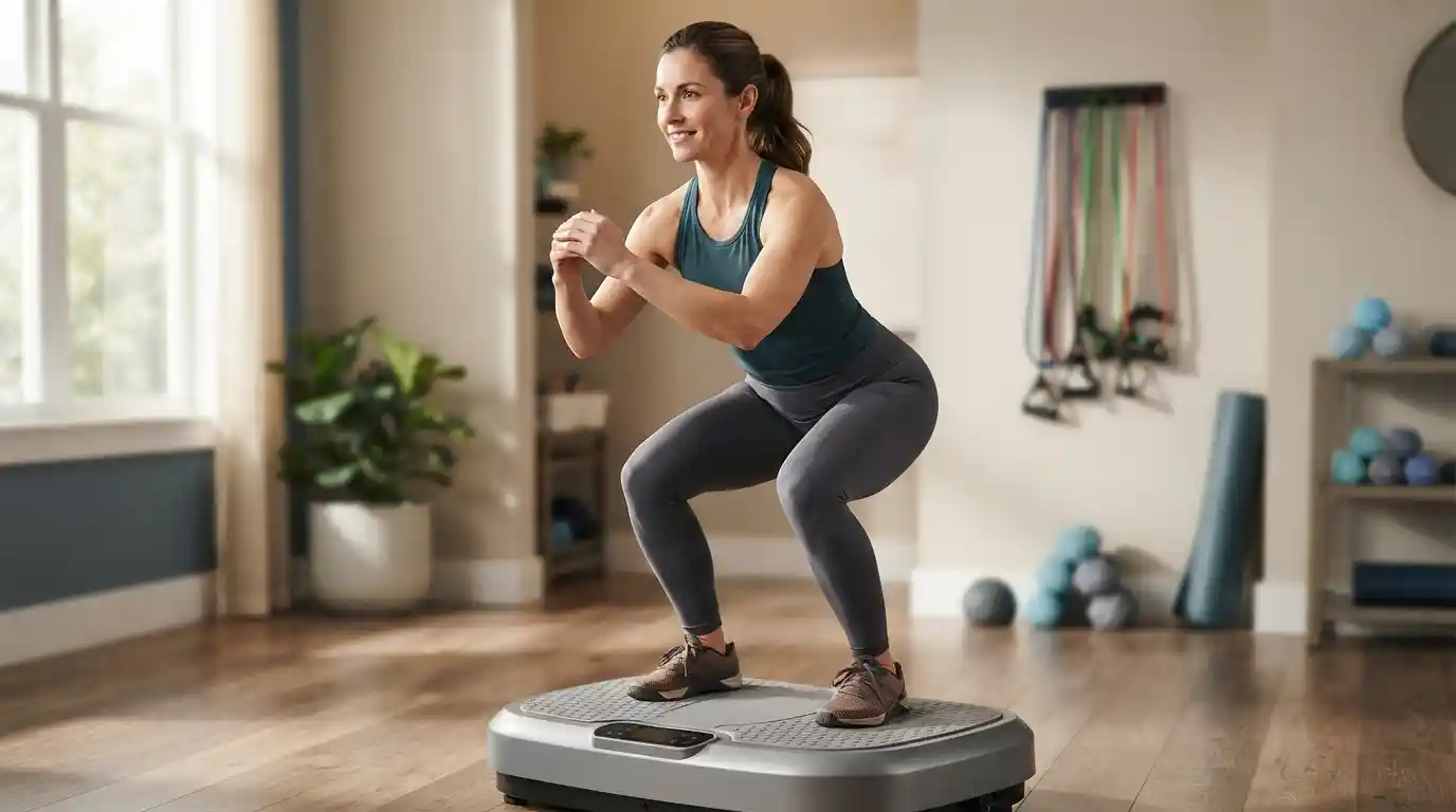 Fitness enthusiast performing a controlled squat on a vibration plate in a modern home gym
