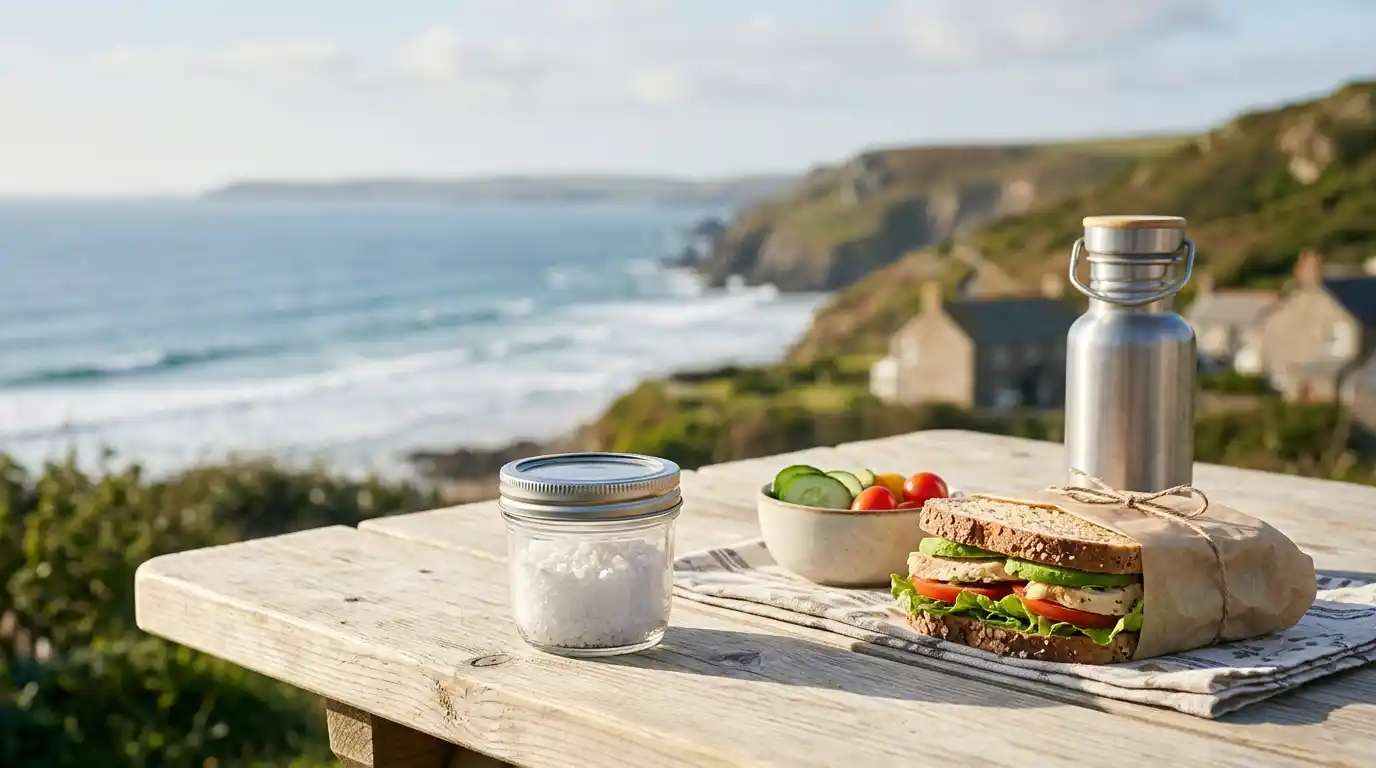 A small container of salt beside a sandwich and fresh vegetables on a coastal picnic table.