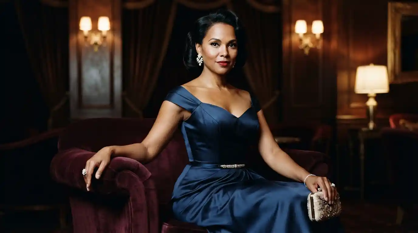 Elegant 1950s Hollywood-inspired Black woman wearing a sophisticated evening gown and statement earrings