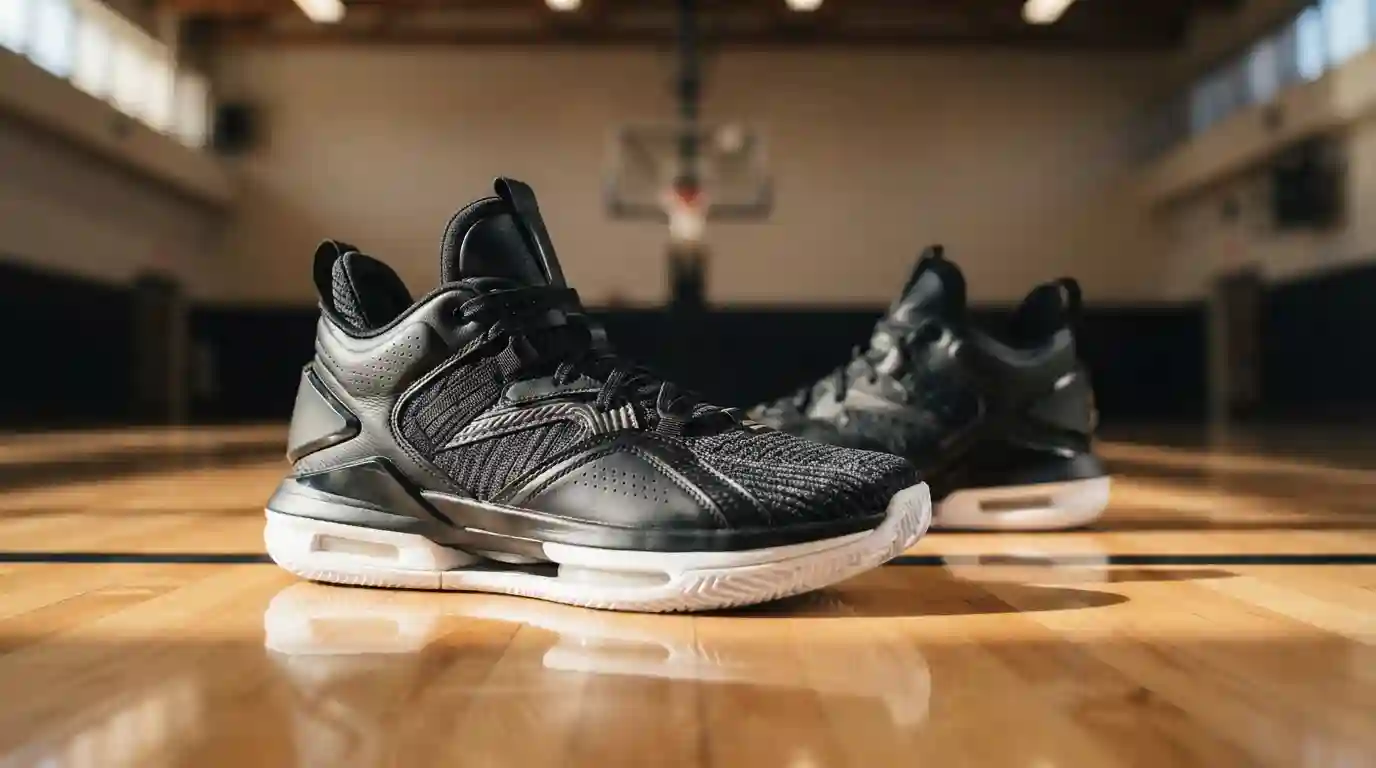Modern basketball sneakers displayed on an indoor court with a premium athletic design