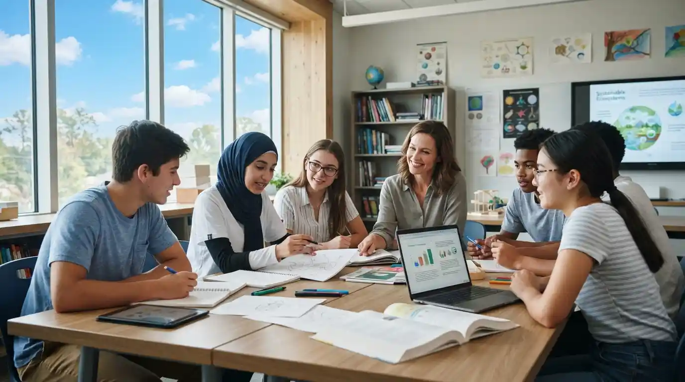 Students collaborating with a teacher in a modern classroom during a technology-supported learning project