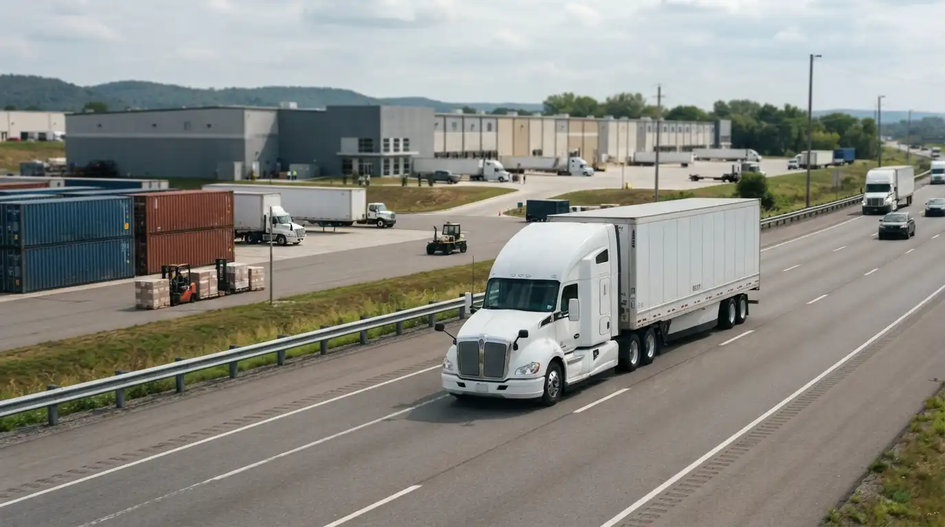 Freight truck traveling on a U.S. highway near a modern distribution center