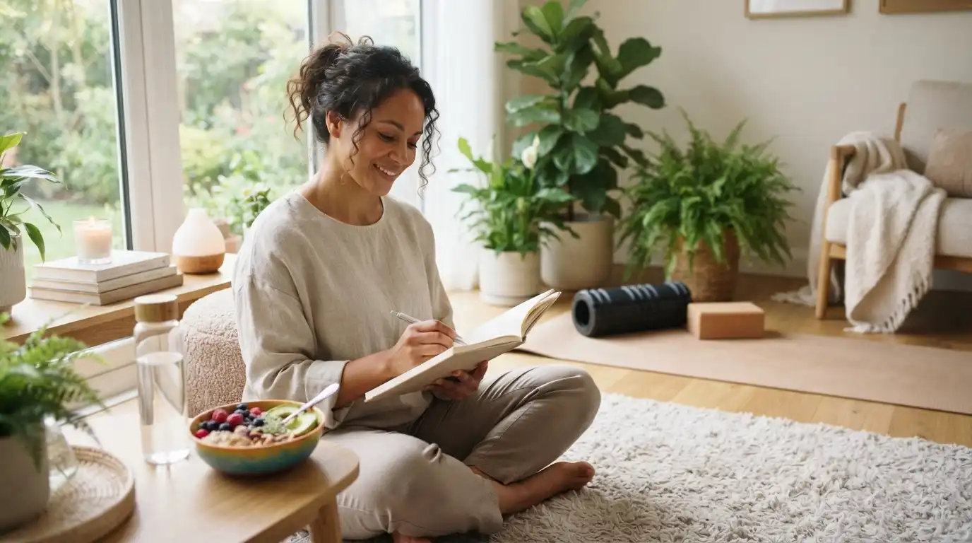 Person practicing a balanced wellness routine with nutritious food, water, and fitness equipment in a bright natural setting.