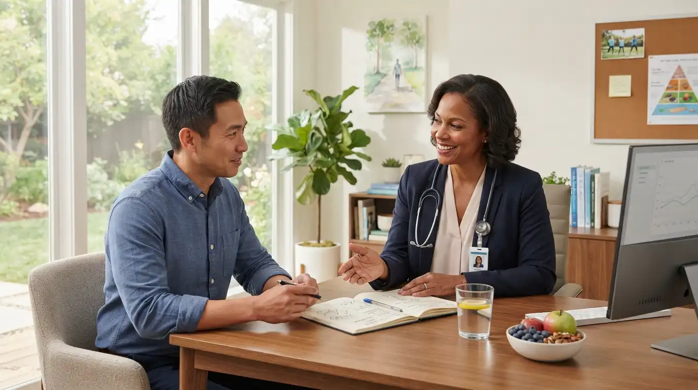 Physician discussing nutrition and healthy lifestyle habits with a patient during a wellness consultation