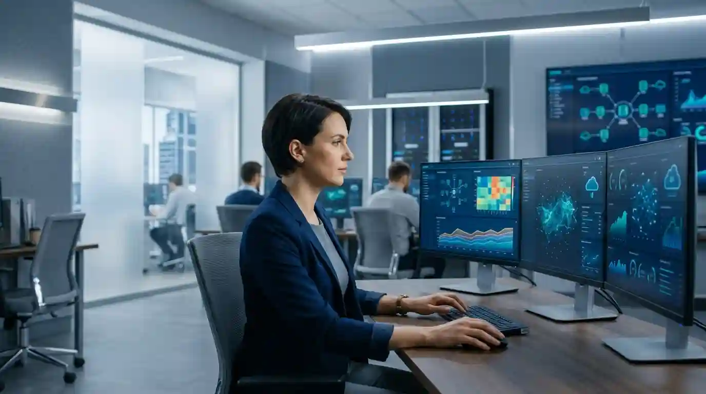 Data analyst reviewing enterprise dashboards and interconnected business information systems in a modern office.