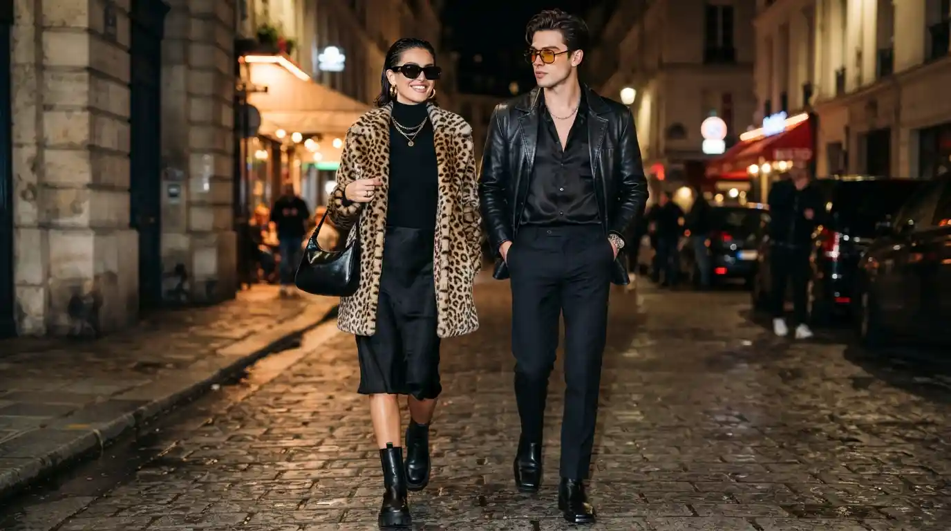 Two fashion models wearing bold 1990s-inspired Eurotrash outfits with animal print, leather, statement jewelry, sunglasses, and platform footwear.