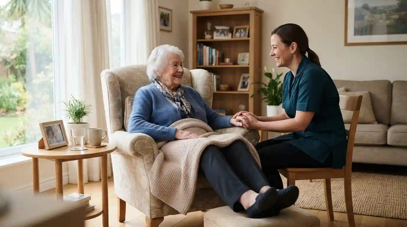 A professional caregiver providing compassionate support to an older adult at home.