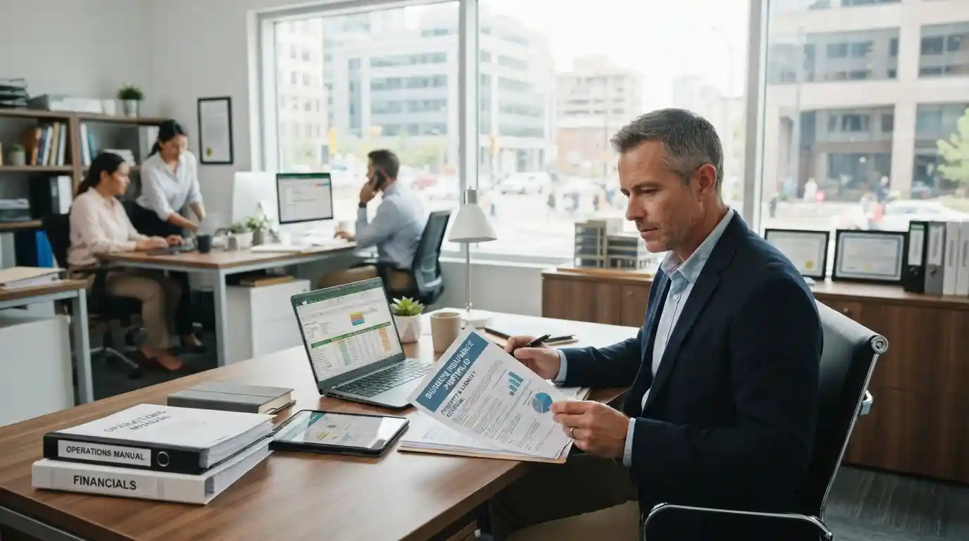 Business owner reviewing insurance documents while managing company assets in a modern office