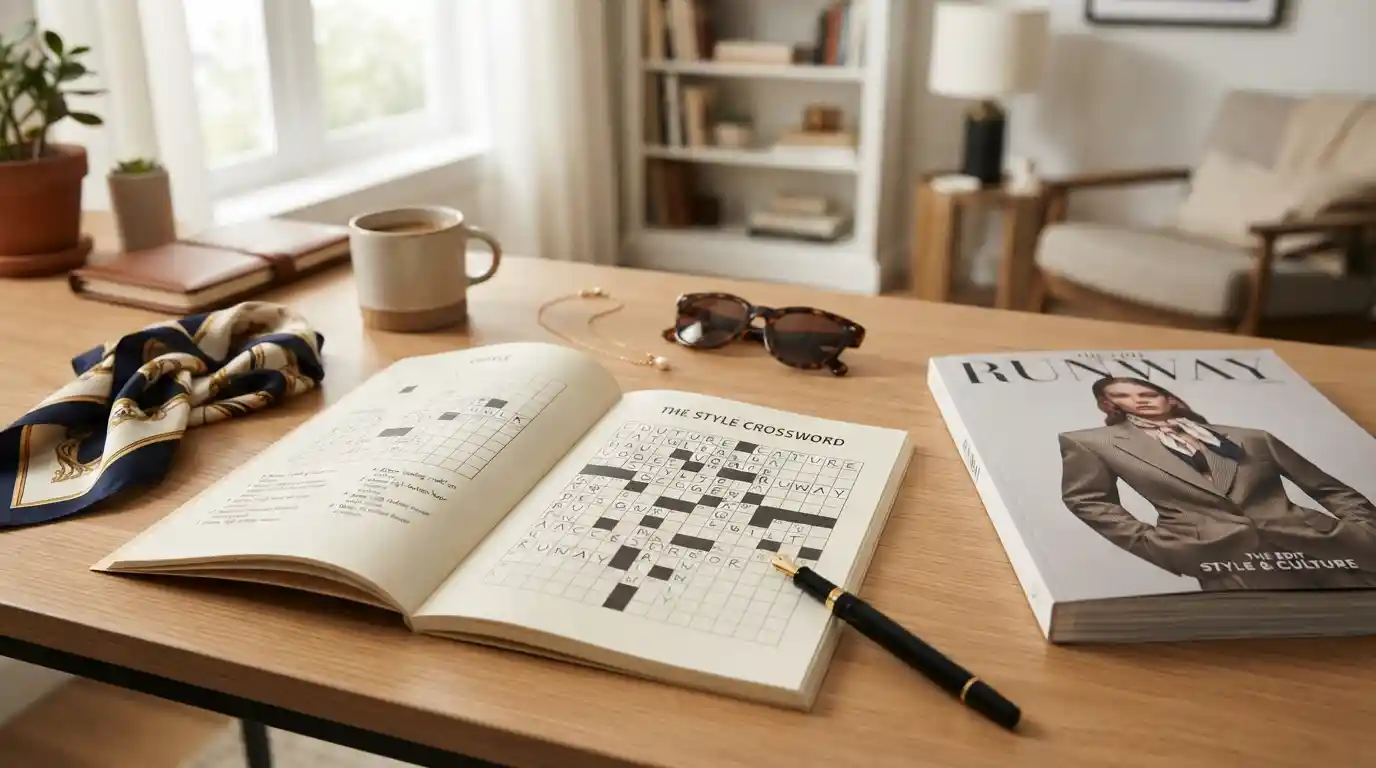 Open crossword puzzle beside a fashion magazine and stylish accessories on an editorial desk