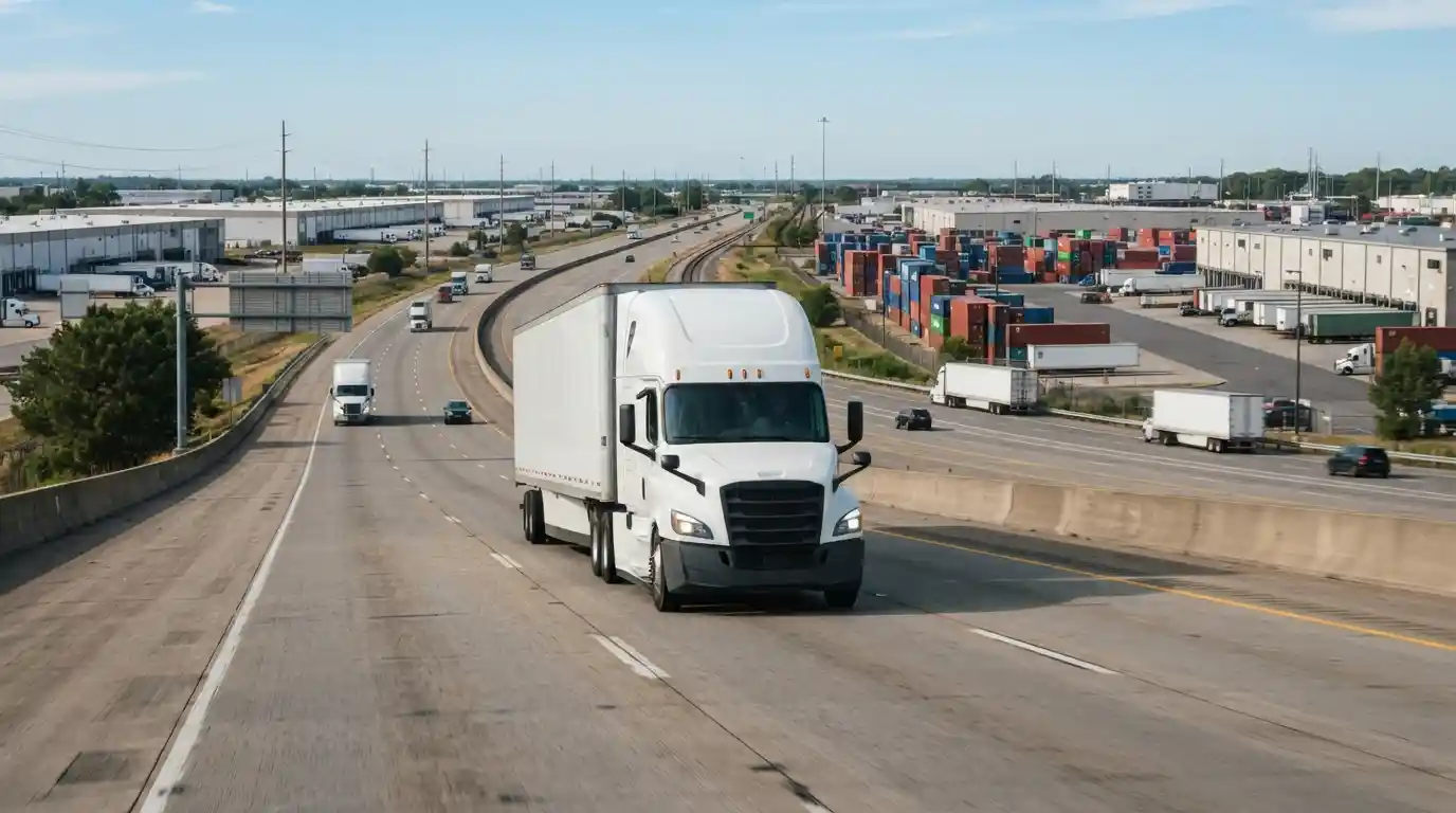 Freight truck traveling along a highway near a modern distribution facility
