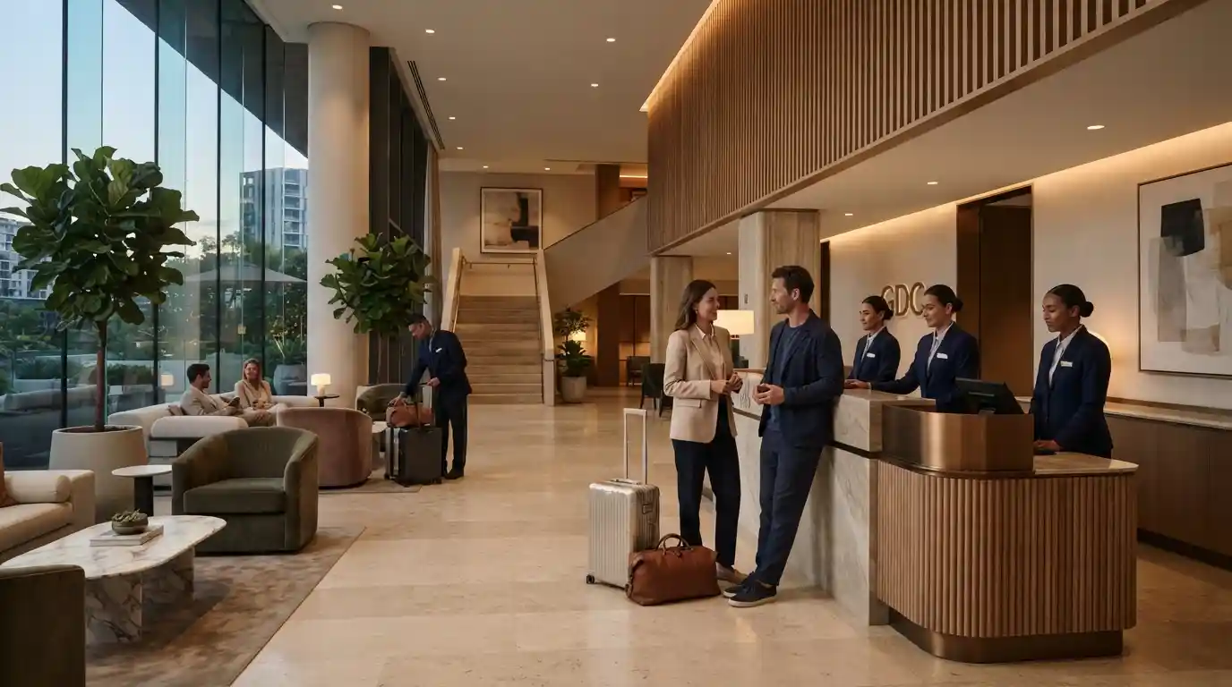 Modern luxury hotel lobby with guests arriving and receiving seamless hospitality service