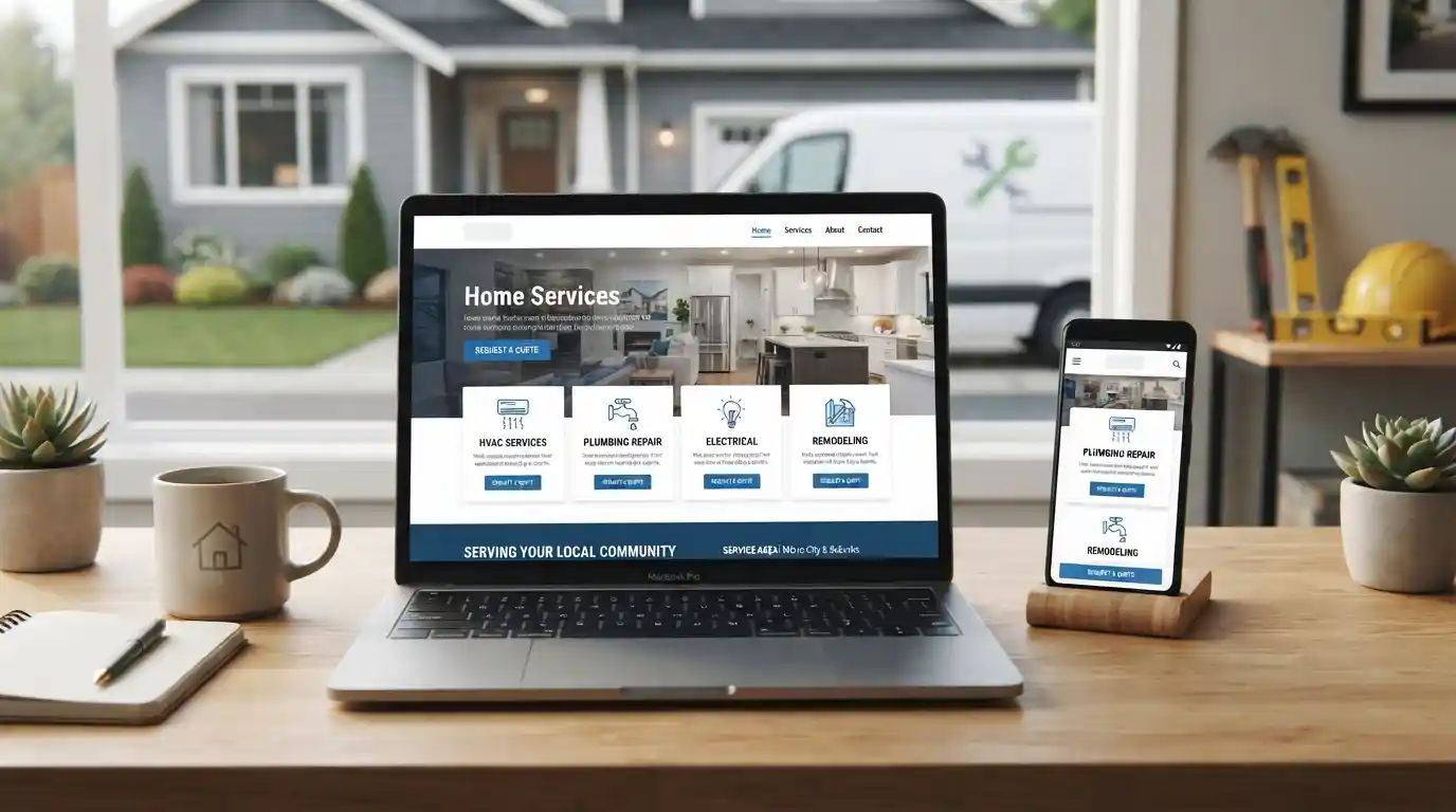 Responsive home services website displayed on a laptop beside a smartphone in a modern workspace