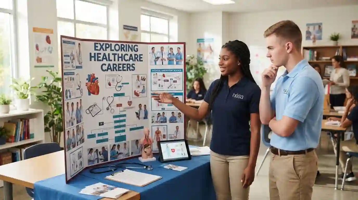 Students exploring healthcare career pathways beside a HOSA health career display in a classroom