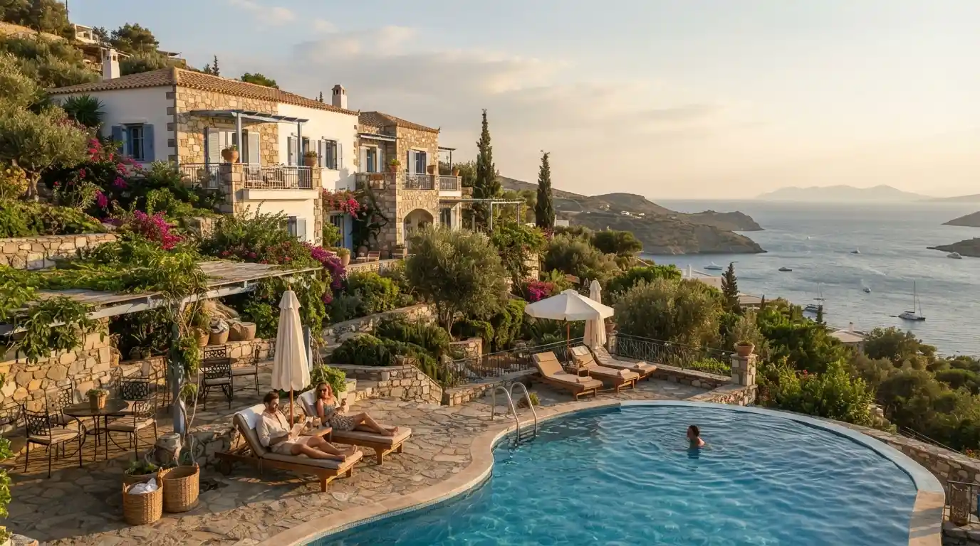 Mediterranean hotel setting with a pool, greenery, and blue sea views