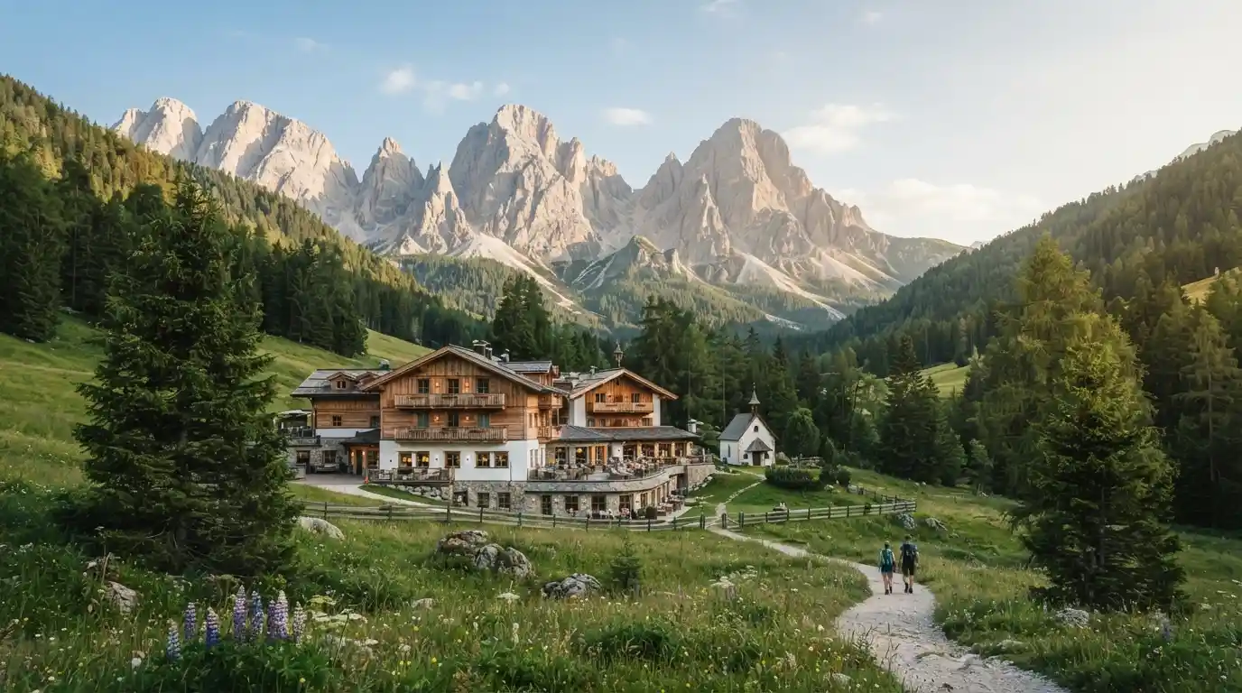 Hotel Dolomitenhof surrounded by the dramatic peaks and green Alpine landscape of the Dolomites