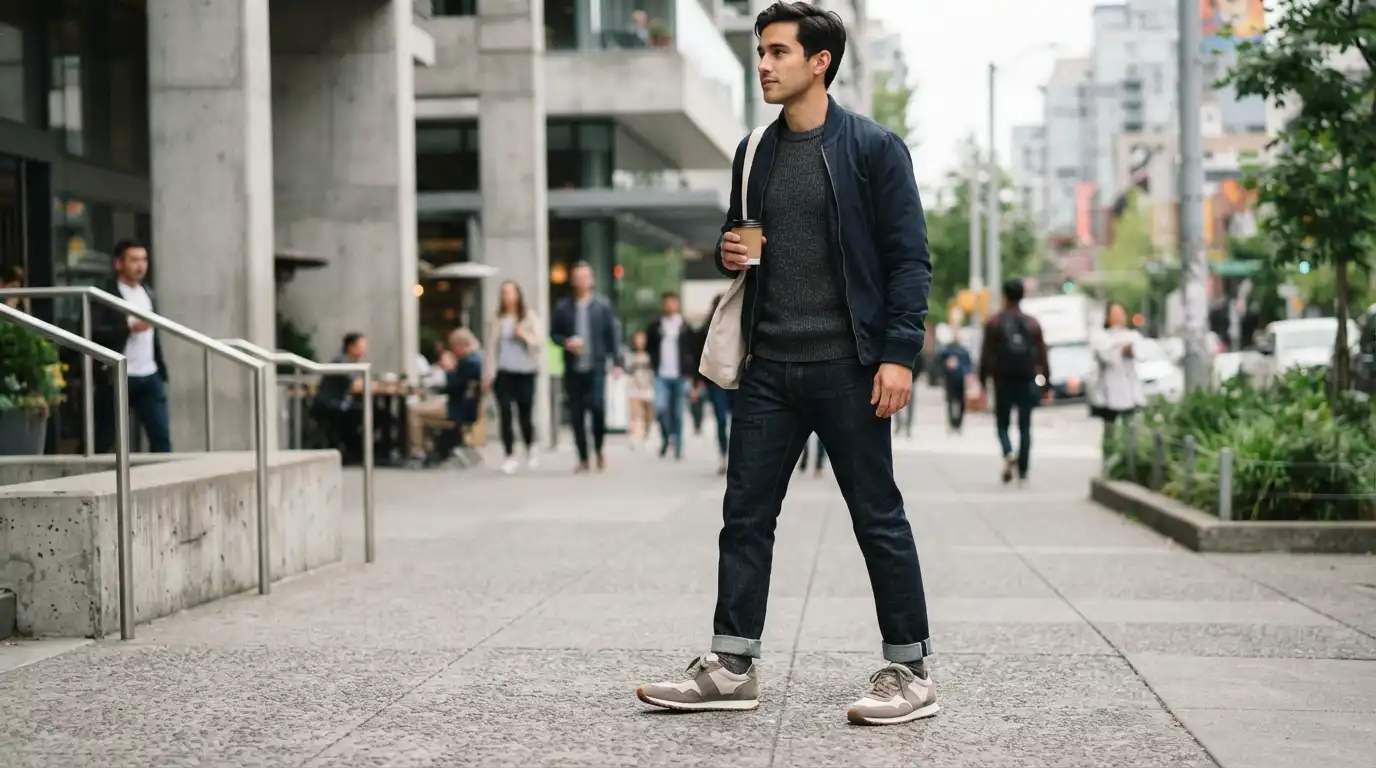 Modern casual lifestyle shoes worn with a relaxed everyday outfit in an urban setting