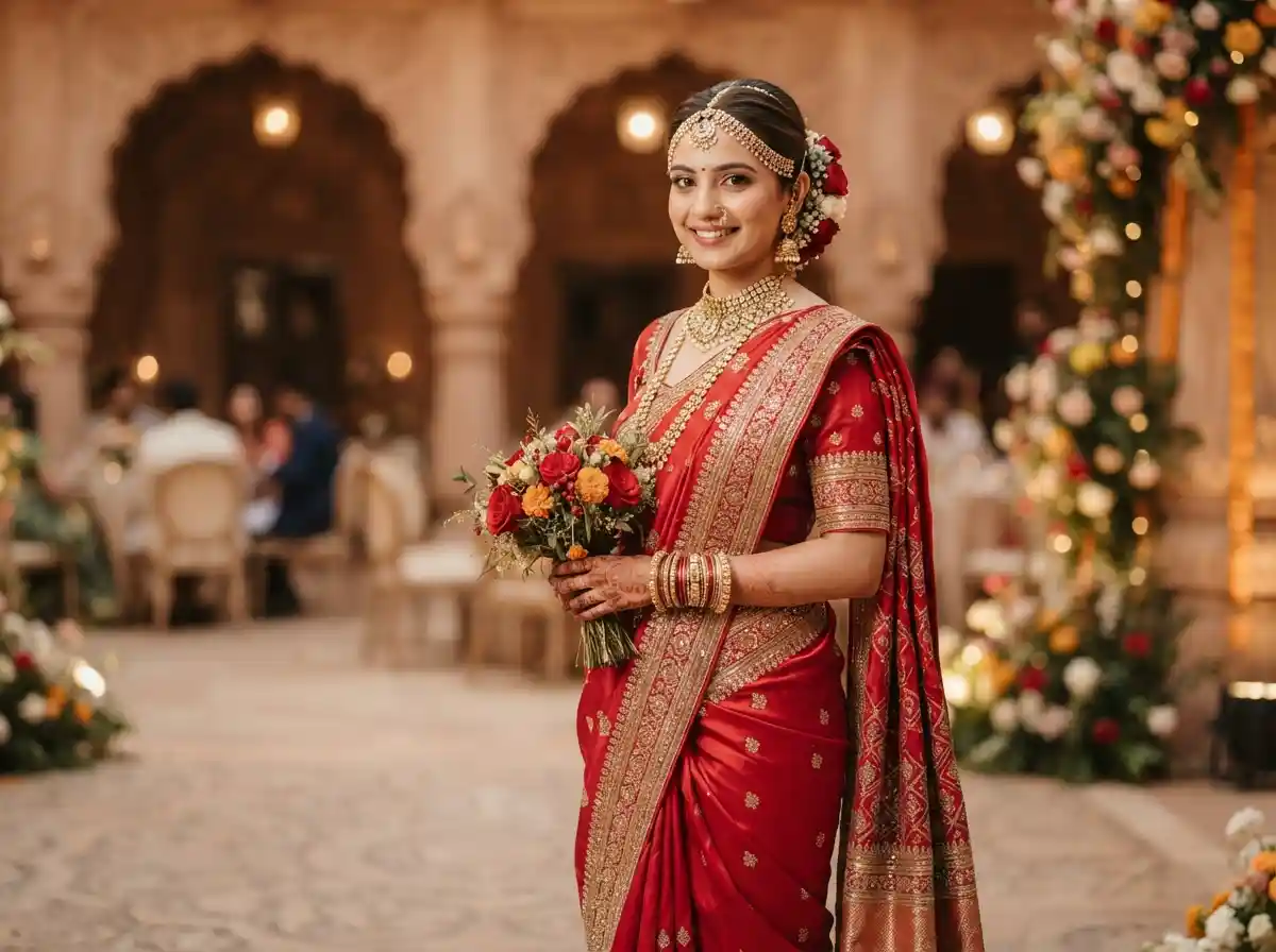 Bride wearing an elegant red and gold embroidered saree with traditional bridal jewelry at a wedding venue