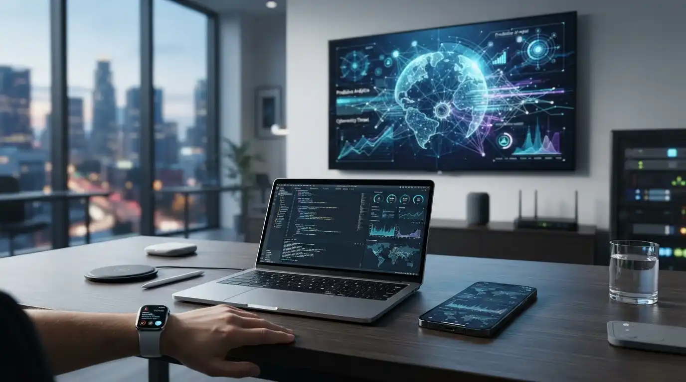 Modern devices and digital technology representing AI, connectivity, cybersecurity, and emerging tech trends